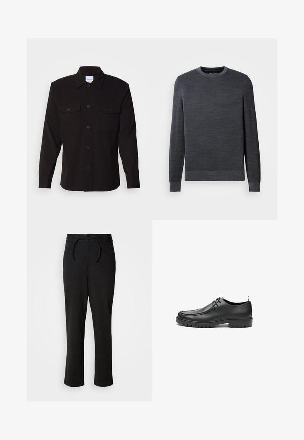 Suéter gris oscuro con escote redondo, mangas largas y tejido texturizado. Pequeño logo en el pecho, puños acanalados y dobladillo.; Camisa negra de manga larga con un frente abotonado, dos bolsillos en el pecho y un cuello estructurado. Fabricada con una tela sólida de textura suave.; Pantalones de punto negros con cintura elástica y cordón, corte recto y bolsillos laterales. Textura suave con un acabado liso.; Zapatos de cuero negro con un acabado suave, punta redondeada y costuras decorativas. Cuenta con una suela de goma con surcos para tracción y un diseño de cordones.