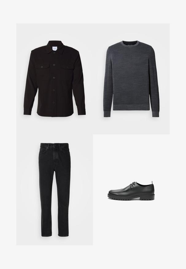 Donkergrijze trui met een ronde halslijn, lange mouwen en een gestructureerde brei. Klein logo op de borst, geribbelde manchetten en zoom.; Zwarte blouse met lange mouwen, knoopsluiting aan de voorkant, twee borstzakken en een gestructureerde kraag. Gemaakt van een stevige stof met een soepele textuur.; Zwarte denim jeans met een recht ontwerp, voorzien van een knoop- en ritsluiting, voorzakken en een subtiele textuur.; Zwarte lederen schoenen met een gladde afwerking, ronde neus en decoratieve stiksels. Beschikt over een rubberen zool met tractiegrepen en een vetersluiting.