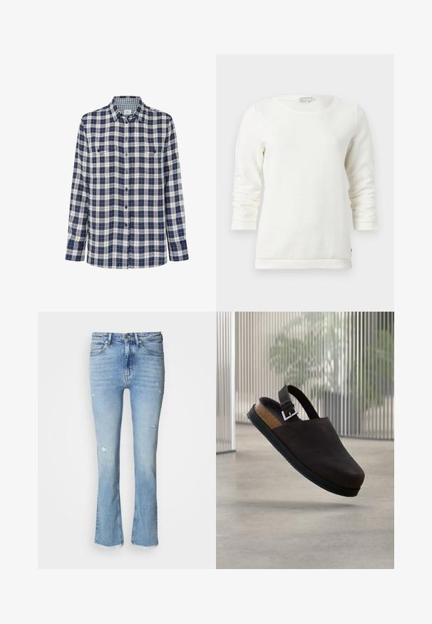 Weißes Langarm-Sweatshirt mit strukturiertem Muster, rundem Ausschnitt und gerippten Bündchen. Weicher Stoff mit lässigem Schnitt.; Karierte Flanellhemd in Marineblau, Weiß und Rot. Lange Ärmel, geknöpfte Front, zwei Brusttaschen und ein dezentes Logo am Saum.; Hellblaue Flared-Jeans aus Denim mit Used-Effekten, fünf Taschen, Knopfverschluss und ausgefranstem Saum an den Knöcheln.; Braune Veloursleder-Sandale mit geschlossenem Zehenbereich, verstellbarem Schnallenriemen und Kork-Fußbett, schwebend vor einem unscharfen Hintergrund mit vertikalen Paneelen dargestellt.
