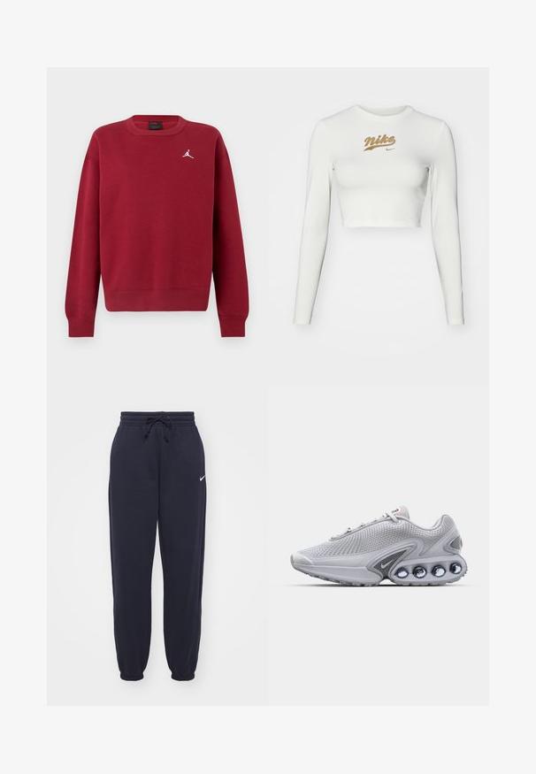 Rød sweatshirt med lange ærmer, ribbet manchetter og kant, med en hvid logo på brystet. Lavet af blødt bomuldsmateriale.; Hvid langærmet crop top lavet af glat stof, med et guld Nike-logo tryk på brystet og en klassisk rund halsudskæring.; Nike joggingbukser i navyblå, lavet af blødt materiale. Har en elastisk talje med snor og manchetter ved anklerne. Lille hvidt logo accenter.; Grå mesh løbesko med en struktureret design, som har en fremtrædende grå ydersål med runde reflekterende detaljer og et rødt logo på tungen.