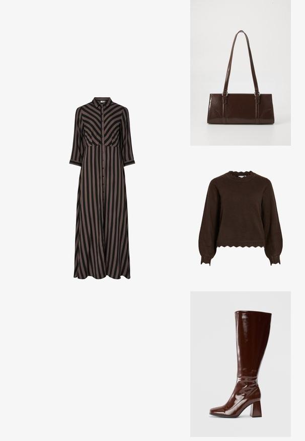 Mørkebrun strikket sweater med bølgede kanter på manchetter, kant og halsudskæring, med lange puffede ærmer og en løs pasform.; Lang, knap-op kjole med lodrette sorte og brune striber, der har krave og trekvartærmer. Fremstillet af letvægtsstof.; Knæhøje brune patentlæderstøvler med firkantet tå, glansfuld finish og en kraftig hæl for stabilitet. Sømløs design uden synligt hardware.; Brun lakeret håndtaske med rektangulær form, to lange håndtag og subtile buede detaljer på fronten.