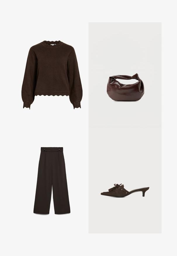 Mørkebrun strikket sweater med bølgede kanter på manchetter, kant og halsudskæring, med lange puffede ærmer og en løs pasform.; Bukser med vide ben i mørkebrun stof, med høj talje, to lommer foran og to knapper foran til lukning. Glat tekstur.; Brun ruskind mule-sko med spids tå, lav kittenhæl, snøring med sløjfe og kvastdetaljer på hvid baggrund.; Mørkebrun læder skuldertaske med en blød, afslappet form og et snoet knudehåndtag på en ensartet hvid baggrund.