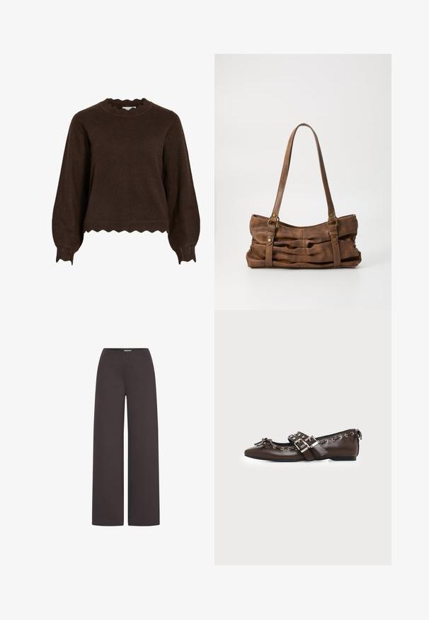 Pull en maille marron foncé avec bords festonnés aux poignets, à l'ourlet et à l'encolure, manches longues bouffantes et coupe décontractée.; ICHI IHKATE WIDE PA2 - Pantalon classique - chocolate torte; Chaussure plate en cuir marron foncé avec bout pointu, doubles brides à boucles argentées, œillets métalliques et nœud décoratif à l'avant.; Even&Odd by Zalando Sac à main - brown