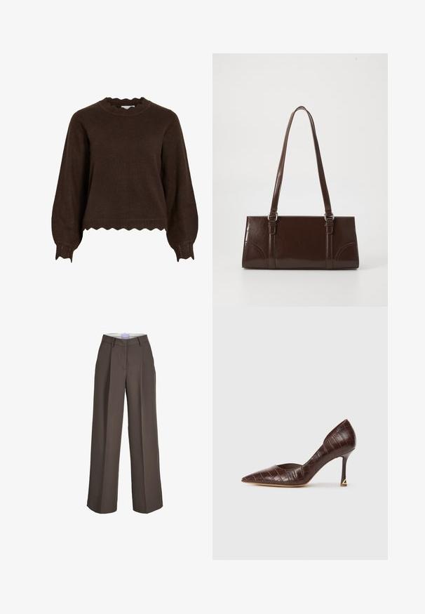 Mørkebrun strikket sweater med bølgede kanter på manchetter, kant og halsudskæring, med lange puffede ærmer og en løs pasform.; Brune vidde bukser med bæltestropper, frontlige folder og en skjult lukning foran.; Brun, krokodillede læder højhælet sko med spids tå og slank hæl, der har en gylden trekantet accenter.; Brun lakeret håndtaske med rektangulær form, to lange håndtag og subtile buede detaljer på fronten.