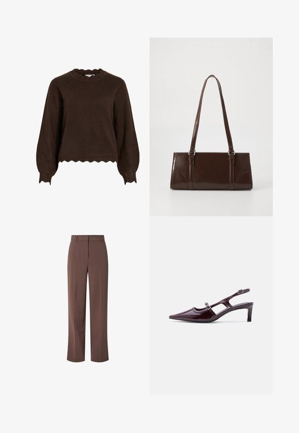 Mørkebrun strikket sweater med bølgede kanter på manchetter, kant og halsudskæring, med lange puffede ærmer og en løs pasform.; Brune højlivede skræddersyede bukser med bæltesløjfer og frontlynlås, der har en lige benpasform.; Bordeaux laklæder slingback-sko med spids tå, lav hæl og dobbelte justerbare spænderem.; Brun lakeret håndtaske med rektangulær form, to lange håndtag og subtile buede detaljer på fronten.