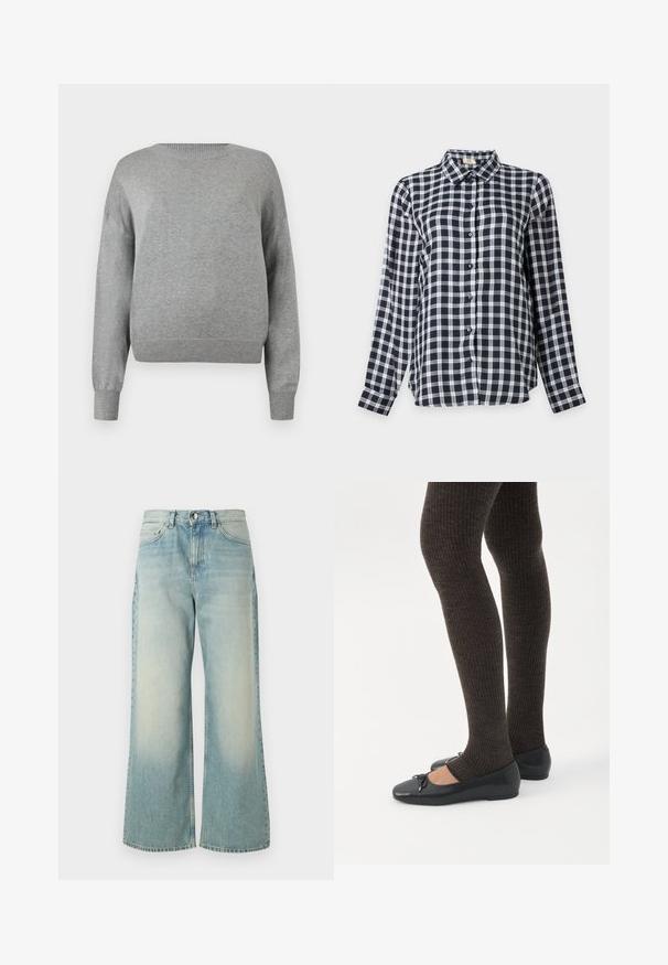 Pull en tricot gris clair à manches longues, col rond côtelé, poignets et ourlet côtelés, présenté sur un fond blanc.; Chemise à carreaux noire, blanche et grise à manches longues avec boutons et col classique, affichée sur un fond clair uni.; Jeans en denim bleu clair à jambes larges, présentant un délavage, un design classique à cinq poches et une fermeture à bouton à l'avant.; Jambes portant des leggings côtelés foncés associés à des ballerines noires avec de petits détails en nœud sur fond blanc.