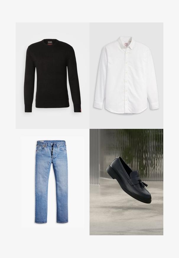 Scotch & Soda REGULAR FIT CREW NECK - Strickpullover - meteorite; Weißes, langeärmeliges Hemd aus Baumwolle mit Kragen und abgerundetem Saum. Ausgestattet mit gelben Knöpfen und dezentem Markenlogo.; Helle blaue Jeans mit geradem Bein, Fünf-Knopf-Verschluss, Gürtelschlaufen und dezentem Verblassen. Verfügt über zwei Fronttaschen und kupferfarbene Nieten.; Schwarze Leder-Loafer mit glatter Textur, gerundeter Zehenpartie und dekorativen Quasten vorne. Flexible Gummisohle mit niedrigem Absatz.