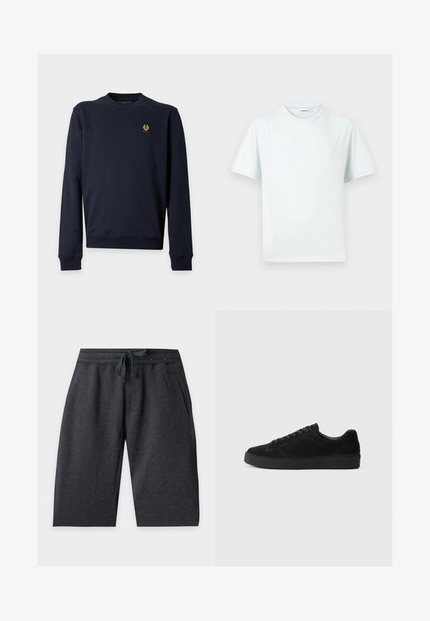 Sweat bleu marine à col rond avec manches longues et petit patch carré avec logo sur la poitrine gauche.; T-shirt blanc uni à manches courtes avec col rond, orné d'un logo discret sur la poitrine et d'une étiquette de marque visible à l'intérieur du col.; Shorts gris foncé jusqu'au genou avec taille élastique et cordon à l'avant, avec poches latérales sur fond uni.; Basket en suède noire avec une semelle plate et texturée, un bout rond, six œillets pour les lacets et un design minimaliste.