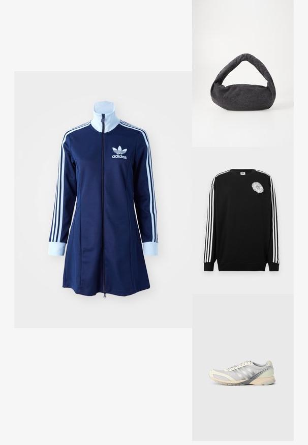 Musta collegepaita, jossa valkoiset raidat hihoissa ja koristeellinen harmaa kukkapitsi rinnassa. Resoriset hihansuut ja pyöreä pääntie.; Tummansininen adidas vetoketjullinen mekko pitkillä hihoilla, vaaleansiniset raidat käsivarsilla ja logo rinnassa. Sileä kangas, joka on urheilullisen näköinen.; Lenkkikenkä vaaleanharmaasta verkkomateriaalista hopeanvärisillä yksityiskohdilla. Varustettu pehmustetulla pohjalla, tekstiilipäällisellä ja kumipohjalla, jossa on pitoa antavat piikit.; Tummanharmaa kangaskassi, jossa on kaareva kahva, pehmeä tekstuuri ja pyöreä muoto. Ei näkyvää varustusta tai koristeita.