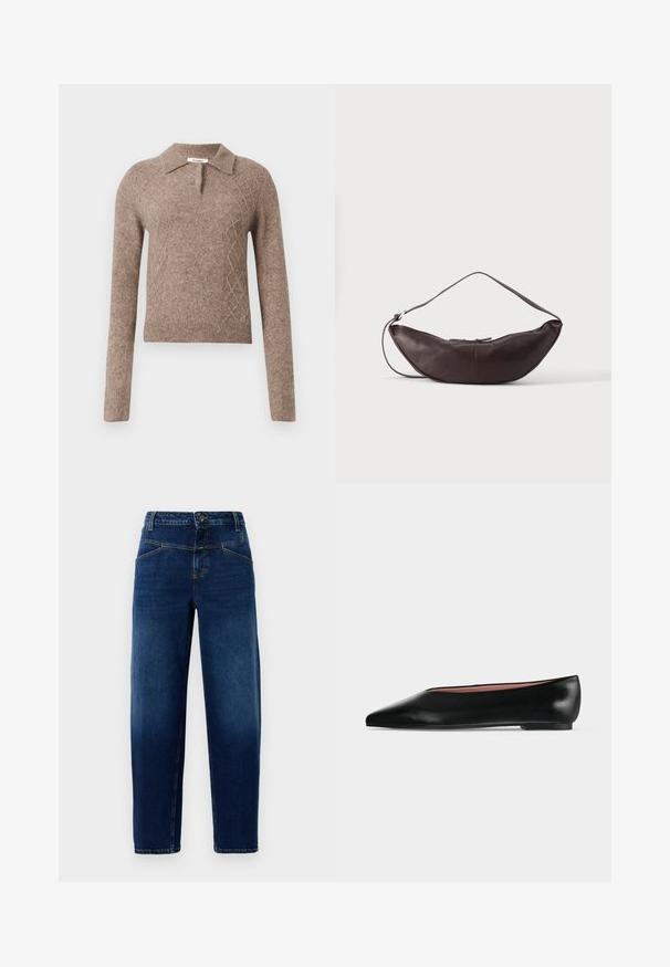 Pull en laine marron avec un col, présentant un motif en losanges et des manches longues, terminé par des poignets et un ourlet côtelés.; Jean en denim bleu foncé avec une coupe droite, cinq poches, fermeture par bouton supérieur et coutures orange.; Chaussure plate en cuir noir pour femme, avec bout pointu et petit talon, vue de côté sur un fond gris clair uni.; Sac d'épaule en cuir marron foncé en forme de croissant avec une lanière courbée et des coutures visibles sur fond uni.
