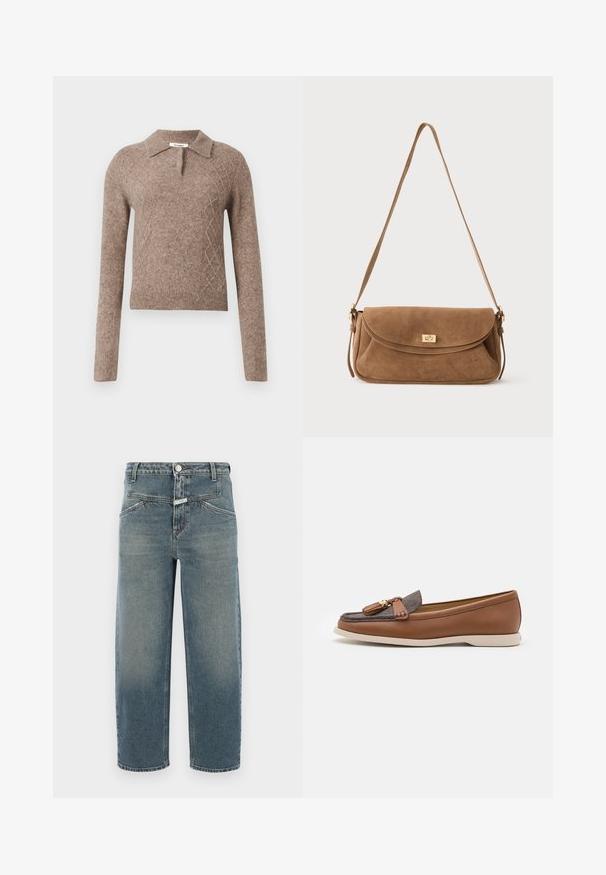 Bruine wollen trui met een kraaghalslijn, voorzien van een ruitpatroon en lange mouwen, afgewerkt met geribbelde manchetten en onderrand.; CLOSED STOVER X - Jeans Tapered Fit - mid blue; Bruine leren platte schoen met een grijze textielaccent en kwastje. Heeft een ronde neus en een flexibele, lichtgekleurde zool.; Bruine suède schoudertas met een lange riem en een gouden rechthoekige draaivergrendeling op de voorklep tegen een effen achtergrond.