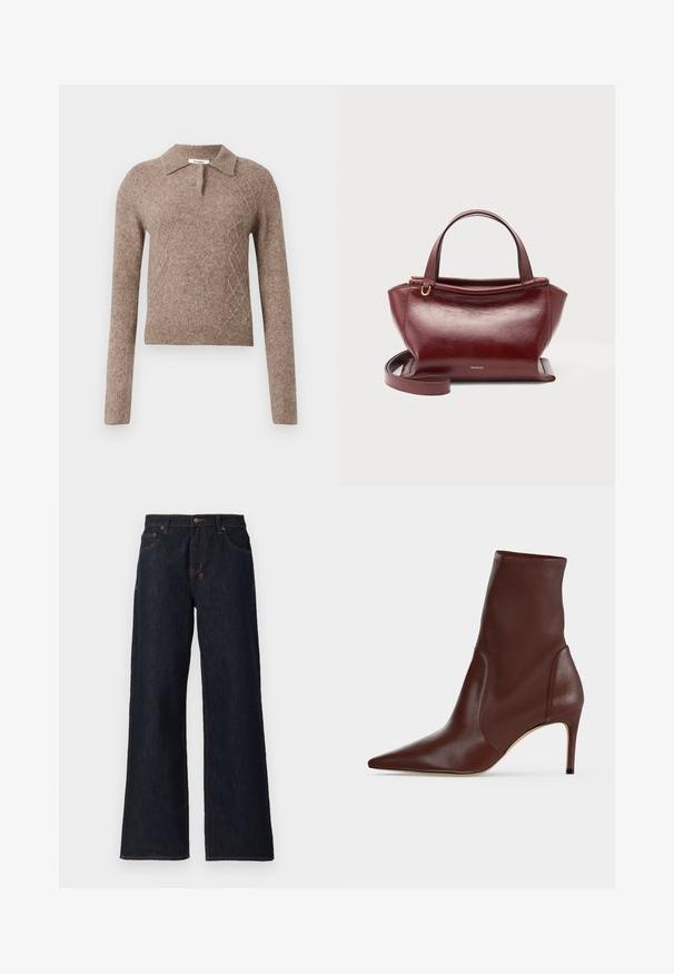 Pull en laine marron avec un col, présentant un motif en losanges et des manches longues, terminé par des poignets et un ourlet côtelés.; Jeans larges bleu foncé en denim, avec des coutures orange, deux poches avant et une fermeture à bouton à la taille.; Bottine en cuir marron foncé à bout pointu et talon haut fin sur un fond clair uni.; Sac à main en cuir rouge foncé avec doubles poignées supérieures, bandoulière amovible, ferrures dorées et nom de la marque Wandler au centre avant.