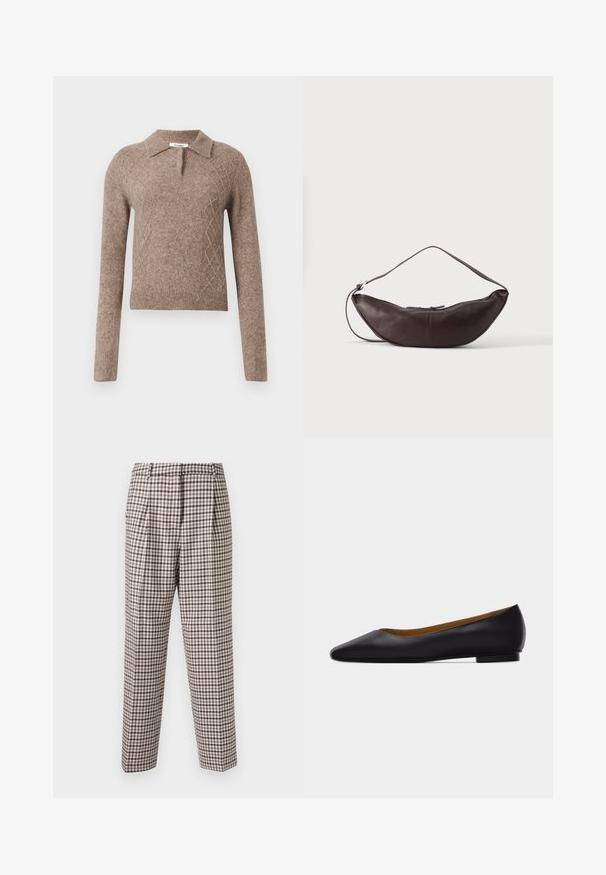 Pull en laine marron avec un col, présentant un motif en losanges et des manches longues, terminé par des poignets et un ourlet côtelés.; Pantalons à carreaux avec un motif quadrillé marron et blanc, devant plissé, coupe droite et texture lisse. Convient à diverses occasions.; Chaussure plate en cuir noir à bout pointu avec talon bas et finition lisse, vue de côté sur un fond gris clair.; Sac d'épaule en cuir marron foncé en forme de croissant avec une lanière courbée et des coutures visibles sur fond uni.
