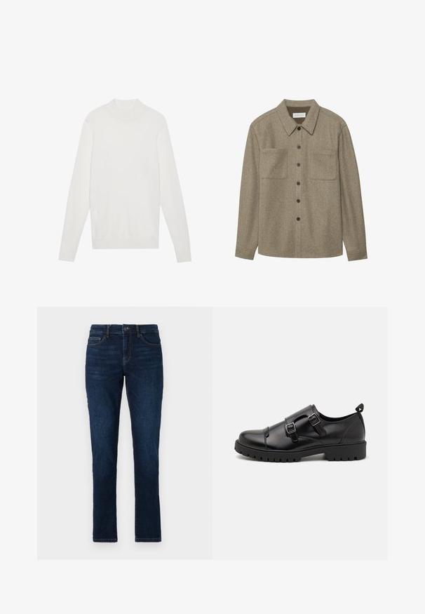 Hvid pullover sweater med høj halsudskæring, lange ærmer og ribbede manchetter og kant. Fremstillet af et blødt strikket stof. Simpelt og tætsiddende design.; Brun uld button-up skjorte med spidse kraver, to brystlommer og sorte knapper. Glat tekstur med afslappet pasform.; Mørkeblå denimjeans med slim fit, standard fem lomme-design og lukning med knap og lynlås. Glat tekstur med minimal falming.; Pier One Business loafers - black
