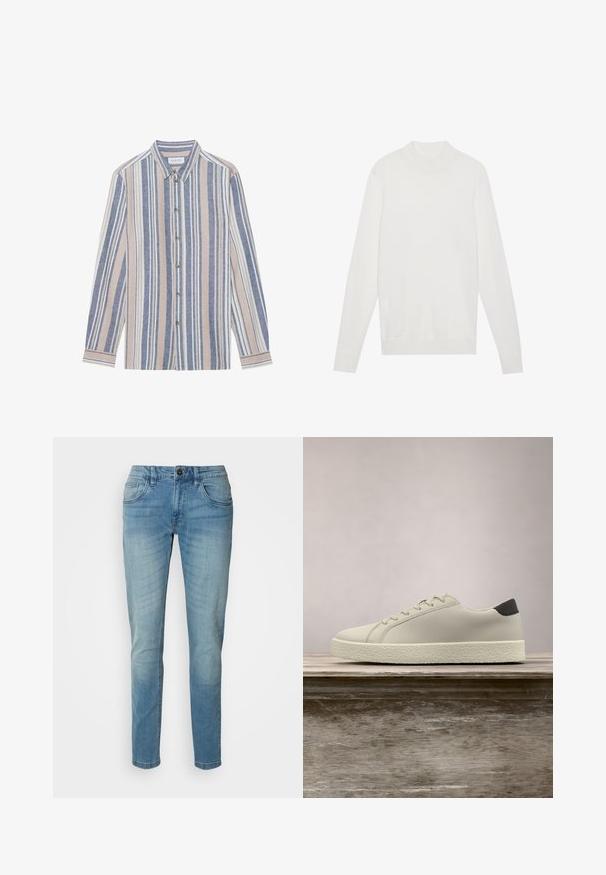 Pull-over blanc avec un col montant, des manches longues et des poignets et un ourlet côtelés. Fabriqué en tissu tricoté doux. Design simple et ajusté.; Chemise à manches longues avec un col, ornée de rayures verticales bleues, beiges et blanches. Fabriquée dans un tissu texturé, avec un col et des boutons en métal.; Jean en denim bleu clair, coupe droite, design à cinq poches, avec une fermeture à bouton et un léger délavage pour une texture et des détails.; Baskets blanches avec semelle texturée et détail noir au talon, flottant au-dessus d'un banc en bois avec de hautes herbes vertes en arrière-plan.