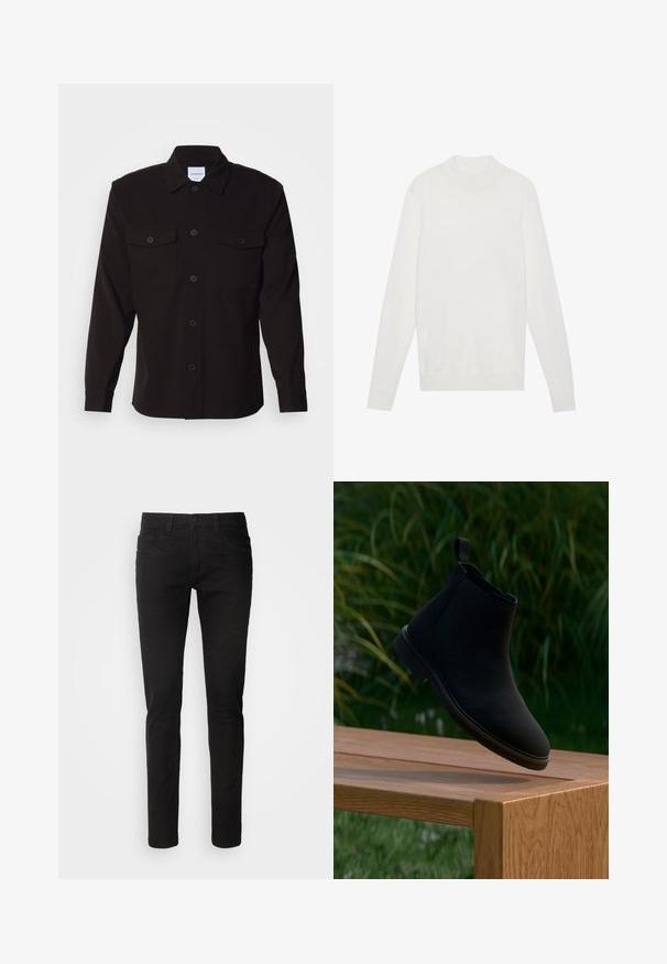 Hvid pullover sweater med høj halsudskæring, lange ærmer og ribbede manchetter og kant. Fremstillet af et blødt strikket stof. Simpelt og tætsiddende design.; Sort skjorte med lange ærmer, knaplukning foran, to brystlommer og en struktureret krave. Fremstillet af et ensartet stof med en glat tekstur.; Sorte denimjeans med slim fit, fem lommer, lynlås og en ren, glat tekstur. Standard talje med bæltestropper.; Sort Chelsea-støvle lavet af glat læder, med en trækflig, rund tå, elastiske sidepaneler og en lav hæl. Viset på en træoverflade.
