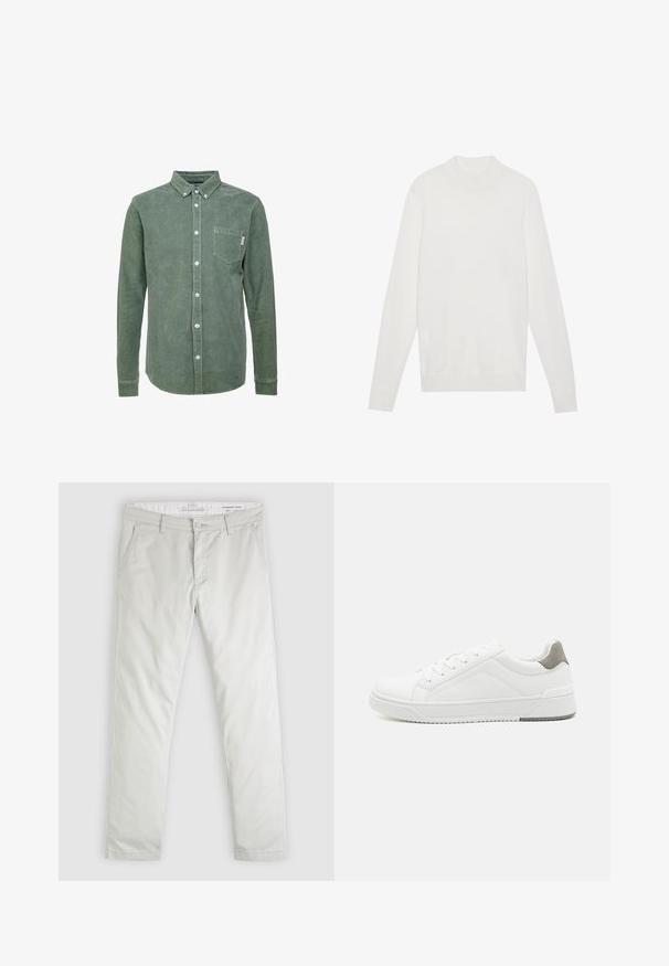 Pull-over blanc avec un col montant, des manches longues et des poignets et un ourlet côtelés. Fabriqué en tissu tricoté doux. Design simple et ajusté.; Chemise en velours côtelé vert avec un col boutonné, des manches longues, une poche sur la poitrine gauche et des boutons blancs. Finition texturée.; Pantalon chino gris clair à jambes droites avec passants pour ceinture, poches avant et fermeture éclair, étiqueté coupe standard effilée, taille 32.; Basket blanche en cuir lisse, à bout arrondi, design minimaliste, accent de talon gris et semelle en caoutchouc texturé.