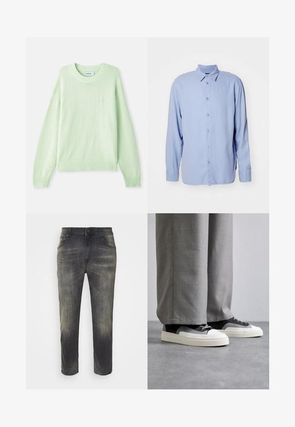 Pull en maille vert clair avec un col rond, des poignets et un ourlet côtelés. Il présente un discret logo sur la poitrine gauche.; Chemise bleu clair à boutons, fabriquée en tissu doux, avec un col classique, des manches longues et un fermoir à boutons sur le devant. Design minimaliste, sans motifs.; Jean gris foncé avec une finition délavée, coupe droite, cinq poches et fermeture à boutons à l'avant. Tissu en denim de coton, texture douce.; Filling Pieces RIVIERA - Baskets basses - grey