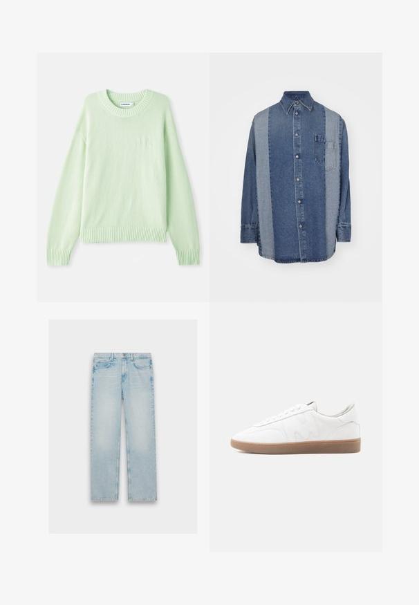 Lichtgroene gebreide trui met een ronde halslijn, geribbelde manchetten en zoom. Beschikt over een subtiele logodetail op de linkerkant van de borst.; Denim shirt met een tweekleurig ontwerp met donkere en lichte blauwe secties, knoopsluiting aan de voorkant, kraag en een borstzak.; Lichtblauwe denim jeans met een recht model, vijf zakken en een vervaagde afwerking. Metaalbeslag en gestikte details zijn zichtbaar.; Witte lage sneaker met een zool van geschuurd rubber, gestikte overlays en een vetersluiting op een neutrale achtergrond.
