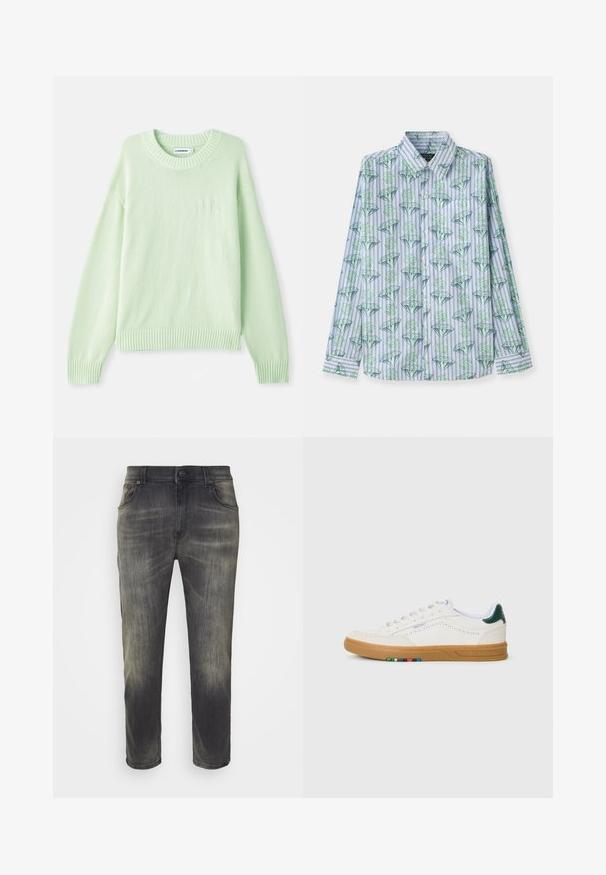 Pull en maille vert clair avec un col rond, des poignets et un ourlet côtelés. Il présente un discret logo sur la poitrine gauche.; Chemise à boutons en tissu bleu clair avec des motifs de diamants verts et de signes de dollar, rayures verticales et un design de col classique.; Jean gris foncé avec une finition délavée, coupe droite, cinq poches et fermeture à boutons à l'avant. Tissu en denim de coton, texture douce.; Baskets en cuir blanc avec design perforé, semelle en caoutchouc translucide, accent de talon vert et détail à rayures colorées sur le côté.