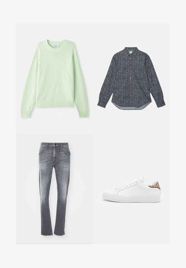 Svetlozelený pletený sveter s okrúhlym výstrihom, rebrovanými manžetami a spodným lemom. Obsahuje nenápadný detail loga na ľavej strane hrude.; PS Paul Smith MENS CASUAL FIT - Košeľa - blues; Sivé denimové džínsy so rovný strihom, s vyblednutou textúrou, piatimi vreckami a pútkami na opasok. Šitý lem a klasické zapínanie na gombík.; Biele kožené tenisky s hladkým povrchom, zdobené farebným pruhovaným akcentom na päte, zlatým očkom a plochou bielou podrážkou.
