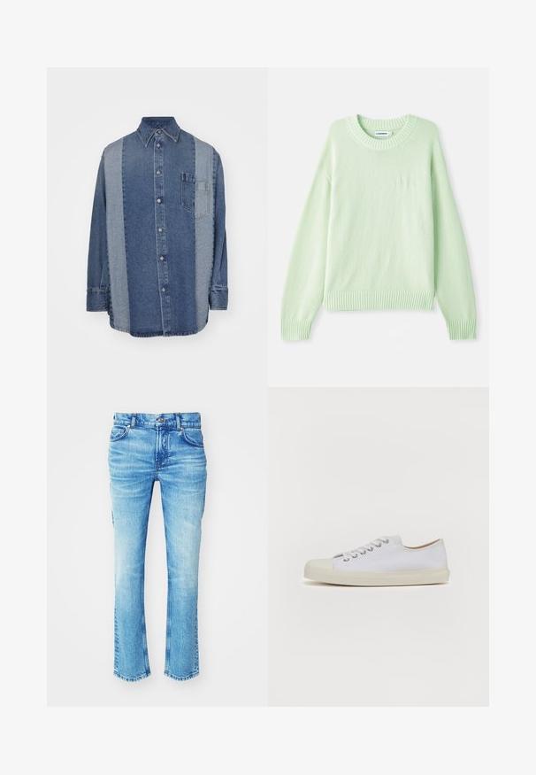 Pull en maille vert clair avec un col rond, des poignets et un ourlet côtelés. Il présente un discret logo sur la poitrine gauche.; Chemise en denim avec un design bicolore comportant des sections bleu foncé et bleu clair, avec un devant à boutons, un col et une poche poitrine.; Jean en denim bleu avec un lavage délavé, design à jambe droite et ourlet brut. Présente une coupe cinq poches et des détails en métal sur les boutons.; Baskets en toile blanches avec bout rond, semelle plate en caoutchouc crème, six oeillets pour les lacets et détails de couture subtils sur la tige.
