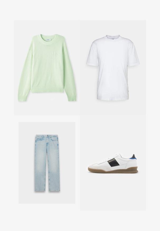 Lichtgroene gebreide trui met een ronde halslijn, geribbelde manchetten en zoom. Beschikt over een subtiele logodetail op de linkerkant van de borst.; Witte katoenen t-shirt met een ronde hals, korte mouwen en een rechte zoom. Heeft een klein merktag aan de linkerkant van de zijnaad.; Lichtblauwe denim jeans met een recht model, vijf zakken en een vervaagde afwerking. Metaalbeslag en gestikte details zijn zichtbaar.; Witte sneaker met zwarte en blauwe accenten, bovenwerk van suède en leer, ronde neus, platte rubberen zool en gouden merkteken aan de zijkant.