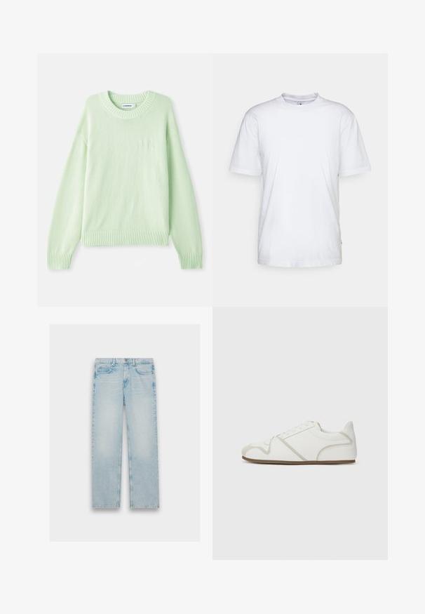 Pull en maille vert clair avec un col rond, des poignets et un ourlet côtelés. Il présente un discret logo sur la poitrine gauche.; T-shirt en coton blanc avec un col rond, des manches courtes et un ourlet droit. Présente une petite étiquette de marque sur la couture latérale gauche.; Jeans en denim bleu clair avec un design à jambes droites, un style cinq poches et une finition délavée. La quincaillerie en métal et les détails de couture sont visibles.; Baskets blanches avec une tige en tissu lisse, des accents beige, un bout arrondi et une semelle en caoutchouc. Présente un design à lacets et des coutures sur les côtés.