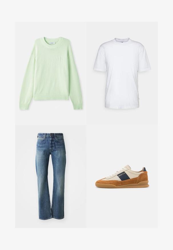 Lichtgroene gebreide trui met een ronde halslijn, geribbelde manchetten en zoom. Beschikt over een subtiele logodetail op de linkerkant van de borst.; Witte katoenen t-shirt met een ronde hals, korte mouwen en een rechte zoom. Heeft een klein merktag aan de linkerkant van de zijnaad.; Denim jeans in een licht tot gemiddeld blauwe kleur, met een recht gesneden pijp, klassiek vijf-pocket ontwerp en subtiele vervaging aan de voorkant.; PS Paul Smith DOVER - Sneakers laag - cognac/off-white
