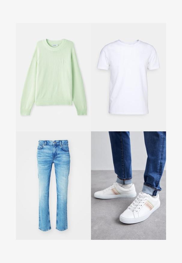 Hellgrüner Strickpullover mit rundem Halsausschnitt, gerippten Bündchen und Saum. Verfügt über ein dezentes Logodesign auf der linken Brust.; Weißes T-Shirt mit kurzen Ärmeln aus Baumwollstoff und rundem Halsausschnitt. Schlichtes Design ohne Muster oder Akzente. Glatte Textur.; Blaue Jeans aus Denim mit einem ausgewaschenen Look, geradem Bein und rohem Saum. Verfügt über einen Fünf-Taschen-Stil und Metallknopf-Details.; Weiße Leder-Sneaker mit mehrfarbigen Streifen, Schnürdesign, Gummisohle und gepolstertem Kragen, kombiniert mit blauen Jeans.