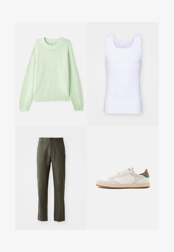 Lys grøn strikket sweater med rund halsudskæring, ribbede manchetter og kant. Har et subtilt logo-detail på venstre bryst.; Hvid bomulds ærmeløs tanktop med rund halsudskæring, der har en glat tekstur og en tætsiddende pasform, designet til casual brug.; Olivengrønne linnedbukser med lige snit, der har en frontlås med knap og sidelommer. Stoffet har et struktureret udseende.; Hvid lavtop sneakers med beige sål, snørelukning foran, grøn og blå detalje på hælen og subtilt guld "Paul Smith" logo på siden.