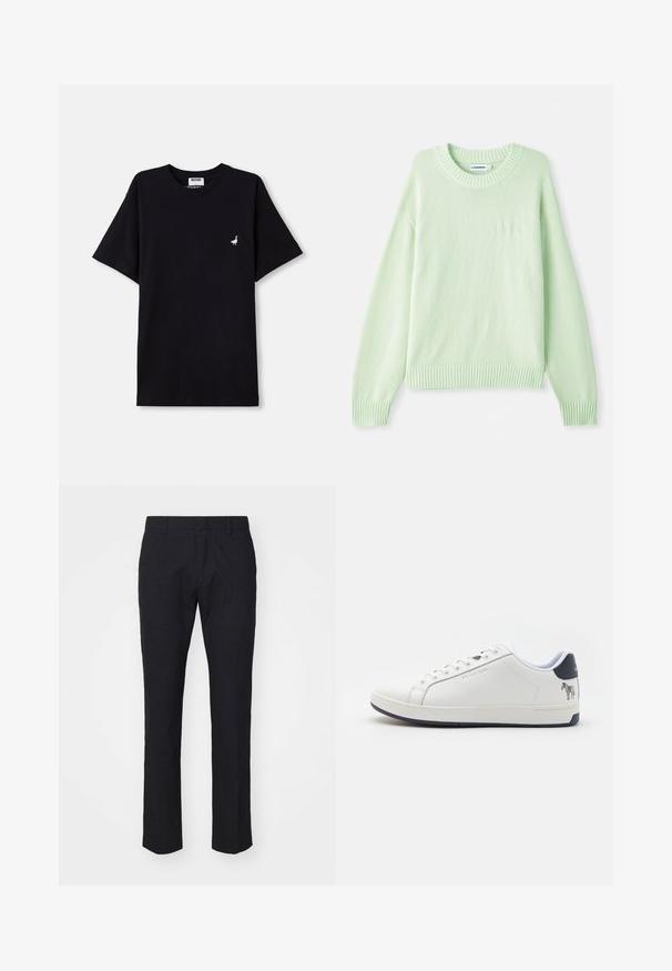 Lys grøn strikket sweater med rund halsudskæring, ribbede manchetter og kant. Har et subtilt logo-detail på venstre bryst.; Sort bomulds T-shirt med korte ærmer, med en lille broderet gåseaccent på brystet og rund halsudskæring.; Marinebukser i skræddersyet snit, lavet af glat stof. Har flad front, bæltestropper og lige ben med en ren kant.; Hvid lædersneaker med en glat overflade, rund tå, marineblå hælaccent og et zebra-tryk på bagsiden. Har snørebåndsdesign.