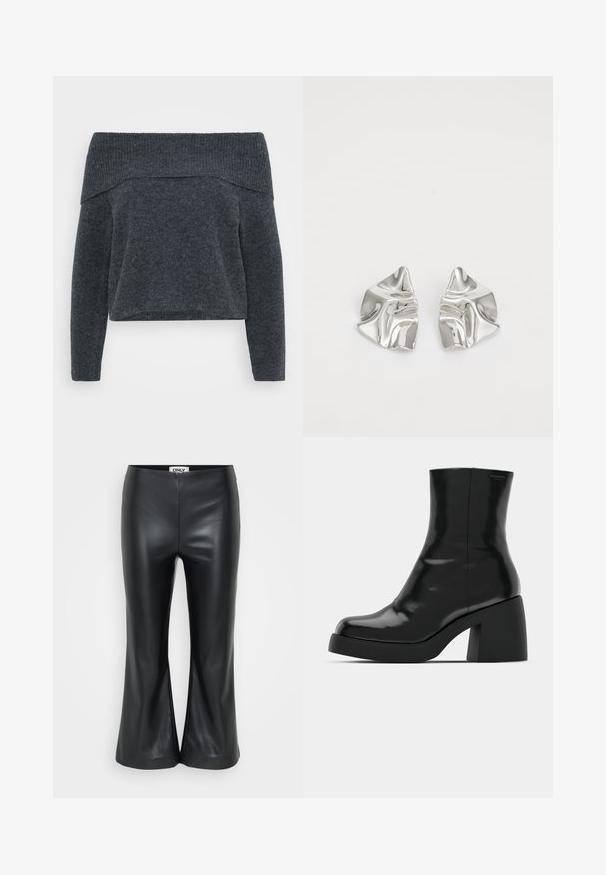 Off-the-shoulder mørkegrå sweater med ribbet halsudskæring og lange ærmer. Blød tekstur og løs pasform, designet til et afslappet look.; Sorte faux læder flared bukser med en glat tekstur. Har høj talje og slids ved sømmet for en afslappet pasform. Mærkeetiket inde i taljebåndet.; Sorte ankelstøvler med en blank finish, firkantet tå og en tyk blokhæl. Designet har en strømlinet silhuet og minimal branding.; Sølvmetal øreringe med et bølgende, skulpturelt design, der har en poleret overflade og uregelmæssige former, hvilket fremhæver en moderne æstetik.