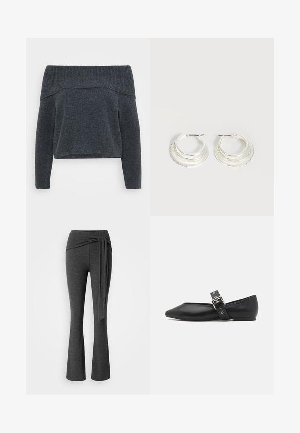Off-the-shoulder mørkegrå sweater med ribbet halsudskæring og lange ærmer. Blød tekstur og løs pasform, designet til et afslappet look.; Grå flare bukser lavet af blødt stof med en bred, snoet taljebånd og et langt, draperet bånddetalje foran.; Sorte læder flade sko med spids tå, side rem med en sølv spænde og en lav hæl. Glat tekstur og minimalistisk design.; Sølv hoop øreringe med tre lagdelte halvcirkelformede bånd, hvoraf det ene er udsmykket med små klare krystaller på en lys baggrund.