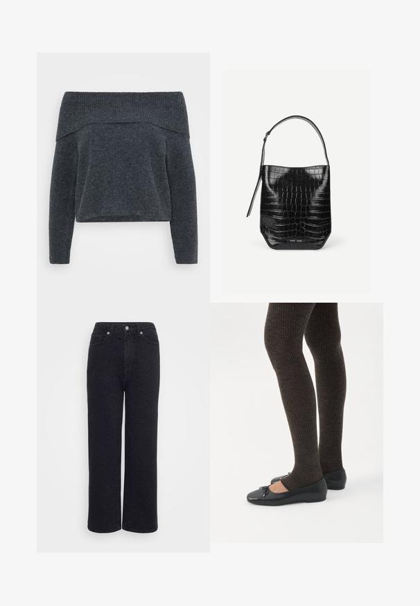 Suéter oscuro gris con escote bardot, cuello acanalado y mangas largas. Textura suave y ajuste holgado, diseñado para un aspecto relajado.; Pantalones de mezclilla negra de pierna ancha con una cintura alta, que presentan acentos decorativos de tachuelas en todo su diseño y una textura suave.; Piernas con leggings oscuros acanalados combinados con bailarinas negras que presentan pequeños detalles de lazo sobre un fondo blanco.; Bolso tipo saco de piel negra con relieve de cocodrilo, con una sola correa para el hombro y un pequeño logo de la marca en plata en el centro inferior frontal.