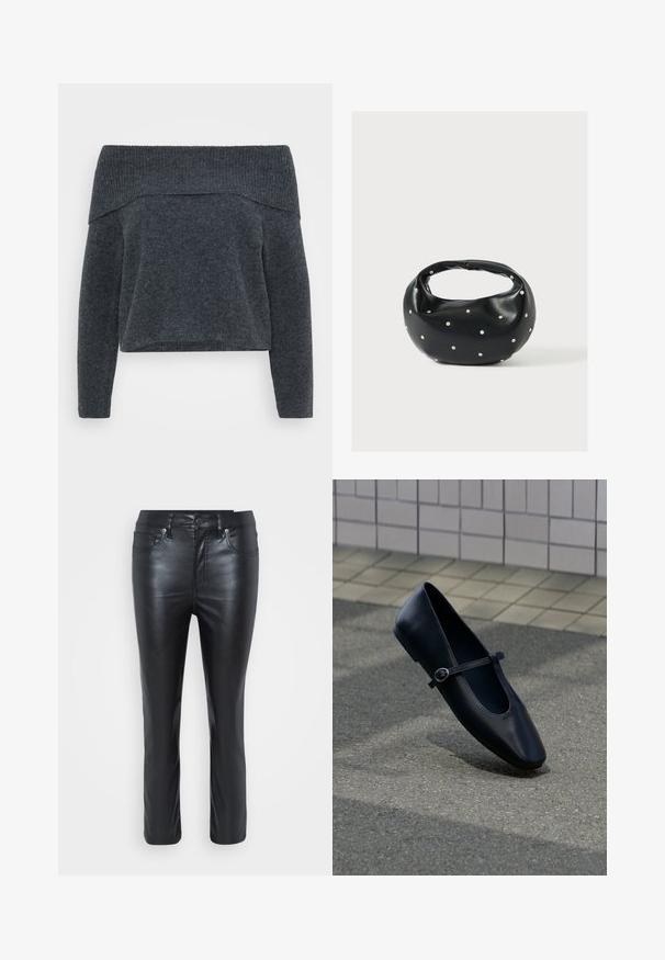 Off-the-shoulder mørkegrå sweater med ribbet halsudskæring og lange ærmer. Blød tekstur og løs pasform, designet til et afslappet look.; Sorte læderbukser med slim fit, der har forlommer, knaplukning og let glans. Benene er lige skåret med syningdetaljer.; Sort læder Mary Jane flad sko med en lille spænde rem, placeret på en grå asfalt overflade nær en flisebelagt væg.; Sort læderhåndtaske med en rundet form, dekoreret med sølvnitter, og et kort håndtag. Glat tekstur og lynlåslukning.