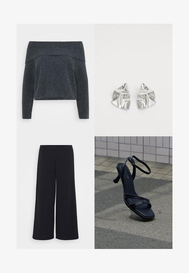 Dunkelgrauer Off-Shoulder-Pullover mit geripptem Halsauschnitt und langen Ärmeln. Weicher Stoff und lockere Passform, entworfen für einen entspannten Look.; Schwarze weit geschnittene Hosen aus glattem Stoff, mit hohem Taillenbund und fließender Silhouette, in einem klaren, unverzierten Design.; Schwarze, römersandalenartige Sandale mit hohem Absatz und Knöchelschnalle, die über einem strukturieren grauen Pflaster mit Fliesenwand im Hintergrund schwebt.; Silberne Metallohrringe mit einem wellenförmigen, skulpturalen Design, das eine polierte Oberfläche und unregelmäßige Formen aufweist, die eine zeitgenössische Ästhetik betonen.