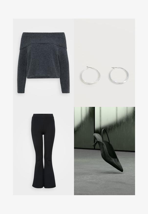 Dunkelgrauer Off-Shoulder-Pullover mit geripptem Halsauschnitt und langen Ärmeln. Weicher Stoff und lockere Passform, entworfen für einen entspannten Look.; Schwarze ausgestellte Leggings aus elastischem Material. Verfügt über einen hohen Bund und eine glatte Textur. Endet mit einem ausgestellten Saum.; Schwarzer Slingback-Highheel aus Leder mit spitzer Schuhspitze, schwebt über grauem Teppichboden, unscharfer grünlicher Wandhintergrund.; Silberne Metallcreolen mit glatter, leicht gebogener Oberfläche und Klappverschluss vor schlicht weißem Hintergrund.