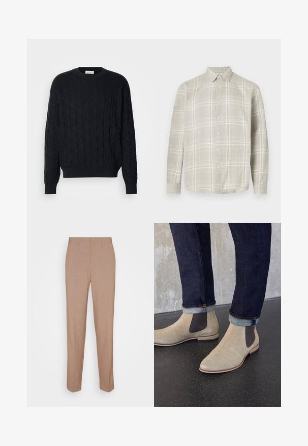 Mustakudottu villapaita, jossa on timanttimuotoilu, pyöreä kaula-aukko sekä ribbireunat hihansuissa ja helmassa. Valmistettu pehmeästä, lämpimästä kankasta.; Beige ja off-white ruuduline nööpidega särk pikkade varrukatega ja nööbid all, esitatud valgel taustal.; Beiget, räätälöidyt housut sileästä, tekstuurisesta kankaasta. Suora malli vyötärönauhalla, ilman näkyviä koristeita tai taskuja.; Vaaleanbeiget mokkanahkaiset Chelsea-nilkkurit, joissa tummat joustavat sivupaneelit, pukeutuneena tummiin rullattuihin farkkuihin mustalla täplikkäällä lattialla.
