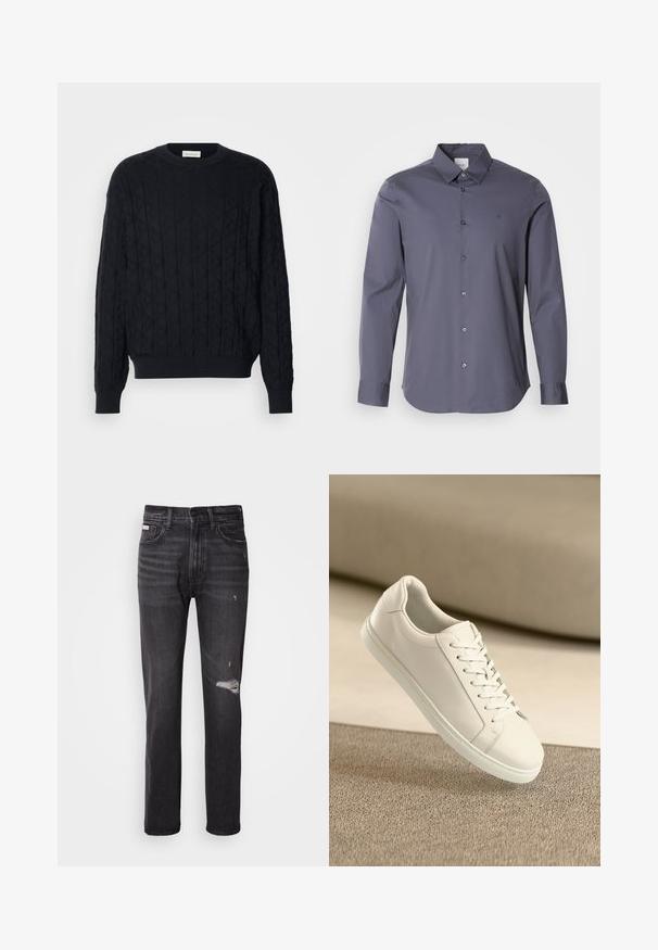 Sort strikket sweater med en diamanttekstur, rund hals og ribbede manchetter og kant. Lavet af blødt, varmt stof.; Langærmet skjorte i mørkegrå stof. Har en klassisk krave, frontknapper og et diskret logo på brystet. Glat tekstur.; Sorte denim jeans med lige ben-design, distressed detaljer ved knæene, fem-lommestil og en diskret falmet finish.; Hvide lædersneakers med hvide snørebånd, præsenteret på en beige tekstureret overflade og med en blødt uskarp baggrund.