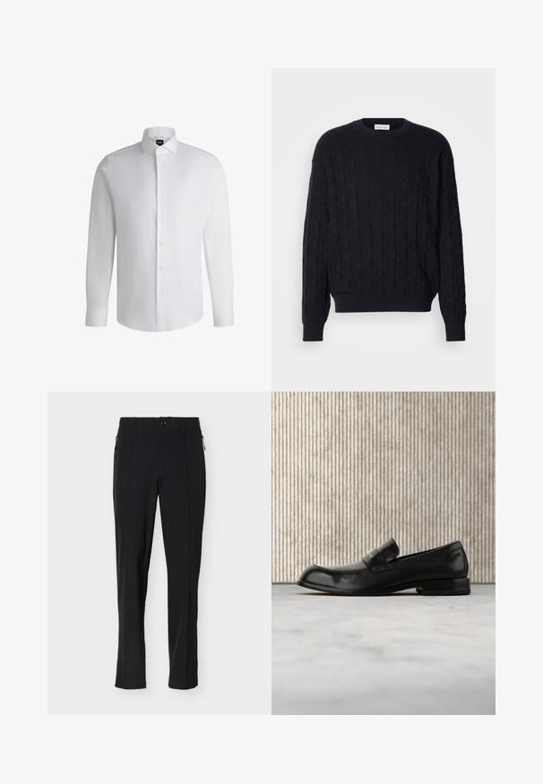Pull en tricot noir avec un motif en texture de diamant, col rond, et poignets et ourlet côtelés. Fabriqué en tissu doux et chaud.; Chemise blanche à manches longues en coton lisse, dotée d'un col classique, d'une patte de boutonnage complète et de poignets à bouton. Design minimaliste.; Pantalon noir ajusté, coupe slim, avec bouton sur le devant et poches latérales zippées, présenté sur un fond blanc.; Mocassin en cuir noir avec un accent métallique, présenté en lévitation au-dessus d'un tapis beige, avec une table ronde de couleur ambre en arrière-plan.