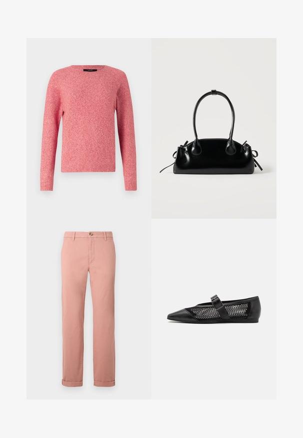Pull en laine rouge avec un col rond et des manches longues. Présente un tissu texturé et des poignets et un ourlet côtelés.; Chinos rose clair en coton avec des jambes droites, dotés d'une fermeture à bouton sur le devant, de passants de ceinture et de poignets retroussés. Texture lisse.; Chaussure plate noire avec un bout pointu, panneaux latéraux en maille et une sangle avec une boucle décorative. Fini lisse sur les sections du bout et du talon.; Petit sac à main noir brillant avec deux longues anses et des détails à cordon sur les côtés sur un fond clair uni.