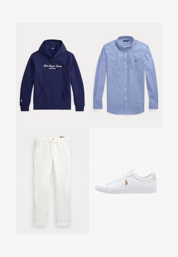 Tmavomodrá mikina s kapucňou, predným klokánkovým vreckom, sťahovacou šnúrkou na kapucni a bielym nápisom Polo Ralph Lauren New York na hrudi.; Modrá a biela vertikálne pruhovaná košeľa s dlhým rukávom, zapínaná na gombíky, s gombíkovým golierom a logom Polo Ralph Lauren na hrudi.; Biele bavlnené chinos nohavice so strait leg dizajnom, obsahujúce bočné vrecká, jediné zapínanie na gombík a hladkú textúru.; Biele plátenné tenisky s nízkym strihom, ktoré majú béžový opasok na päte a malé vyšívané logo na boku. Gumová podrážka.