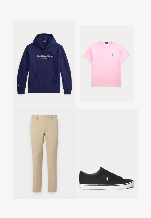 Tumesinine kapuutsiga dressipluus ees tasku, nööriga kapuuts ja üle rinna valge tekst "Polo Ralph Lauren New York".; Roosa puuvillane t-särk ümmarguse kaelusega ja lühikeste varrukatega. Rinnal on väike tikitud logo. Pehme ja sile tekstuur.; Beezikadest puuvillased püksid sirge lõikega, millel on vöörihmade aukud, lapitekinne ja kohandatud äärised. Sile tekstuur ja minimaalne detailide jagamine.; Mustad madala säärega tossud valge kummist tallaga ja küljele tikitud pruun hobuse logo.