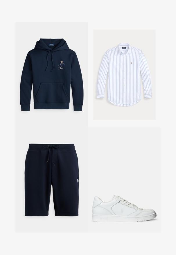 Donkerblauwe hoodie met voorkantzak, trekkoorden, een kleine geborduurde skisprongafbeelding en de tekst "POLO" op de borst.; Overhemd met lange mouwen en knopen, lichtblauwe verticale strepen en een klein geborduurd logo op de linkerborst.; Marineblauwe katoenen sportshorts met een elastische tailleband, trekkoord en logo-accent aan de linkerkant. Gladde textuur, tot aan de knieën.; Witte leren sneaker met een gladde textuur, voorzien van een geperforeerde neus, vetersluiting en geborduurde logo aan de zijkant. Witte rubberen zool.