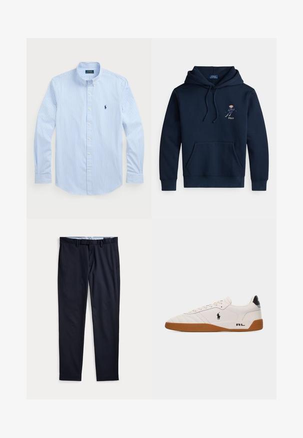 Donkerblauwe hoodie met voorkantzak, trekkoorden, een kleine geborduurde skisprongafbeelding en de tekst "POLO" op de borst.; Lichtblauw gestreept overhemd met knopen, lange mouwen, witte knopen, klassieke kraag, voorzien van een klein marineblauw logo op de linkerborst. Katoenen stof.; Donkerblauwe herenkleedbroek met ceintuurlussen, ritssluiting en zijzakken, plat gelegd op een witte achtergrond.; Witte lage sneaker met een bruine rubberen zool, zwart Polo Ralph Lauren-logo aan de zijkant en de tekst "RL" op het hielgedeelte.