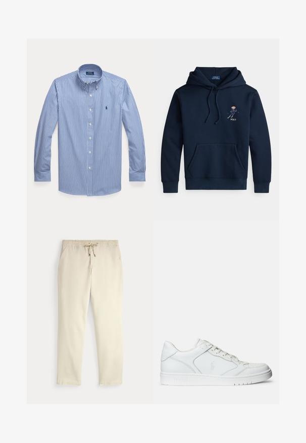 Marineblauer Kapuzenpullover mit Fronttasche, Kordelzügen und kleinem, gesticktem Skifahrer-Motiv sowie "POLO"-Schriftzug auf der Brust.; Langärmliges blau-weiß vertikal gestreiftes Hemd mit Kragen und kleinem gesticktem Logo auf der linken Brust.; Beige legere Hosen mit elastischem Bund und Kordelzug, gerade Hosenbeine und seitlichen Taschen vor einem einfarbigen Hintergrund.; Weißer Ledersneaker mit glatter Textur, ausgestattet mit einer perforierten Zehenpartie, Schnürverschluss und gesticktem Logo an der Seite. Weiße Gummisohle.