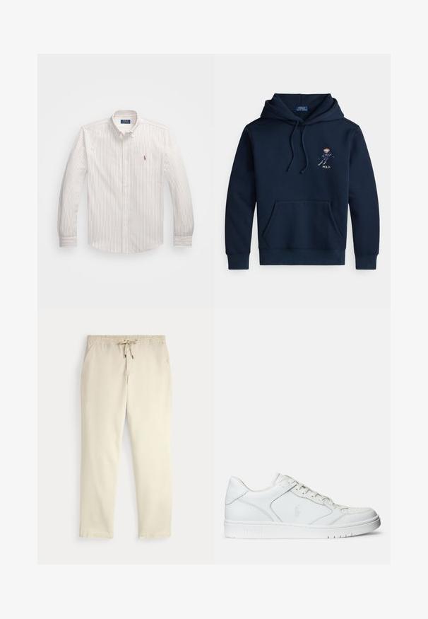 Marineblå hettegenser med frontlomme, snorer, og lite brodert skibrettegrafikk samt "POLO"-tekst på brystet.; Hvit skjorte med tynne vertikale striper i lys beige. Har klassisk krage, lange ermer og en liten brodert logo på brystet.; Off-white kosebukser med elastisk midje og snor, rette ben og sidelommer mot en ensfarget bakgrunn.; Hvit lær sneakers med en jevn tekstur, med perforert tå, snøring og brodert logo på siden. Hvit gummisåle.