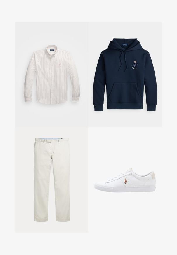 Donkerblauwe hoodie met voorkantzak, trekkoorden, een kleine geborduurde skisprongafbeelding en de tekst "POLO" op de borst.; Witte button-up blouse met dunne verticale strepen in lichtbeige. Heeft een klassieke kraag, lange mouwen en een klein geborduurd logo op de borst.; Rechte broeken in roomkleur met riemlussen en een verborgen voorsluiting op een effen achtergrond.; Witte canvas sneakers met een laag ontwerp, featuring een beige hieltab en een klein geborduurd logo aan de zijkant. Rubber zool.