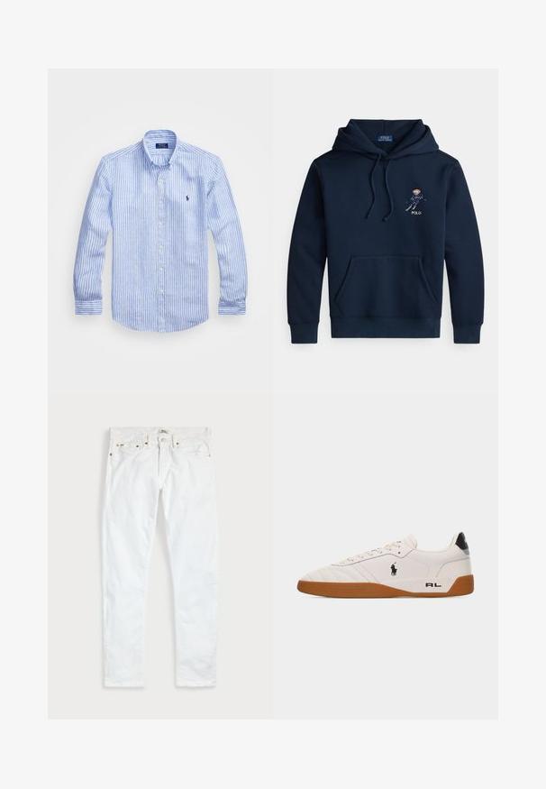 Donkerblauwe hoodie met voorkantzak, trekkoorden, een kleine geborduurde skisprongafbeelding en de tekst "POLO" op de borst.; Blauw-wit gestreept overhemd met lange mouwen van katoen, met een button-down kraag, knopen aan de voorkant en een klein geborduurd logo op de borst.; Witte slim-fit jeans met vijf zakken, knoopsluiting en riemlussen, plat gelegd op een effen lichte achtergrond.; Witte lage sneaker met een bruine rubberen zool, zwart Polo Ralph Lauren-logo aan de zijkant en de tekst "RL" op het hielgedeelte.